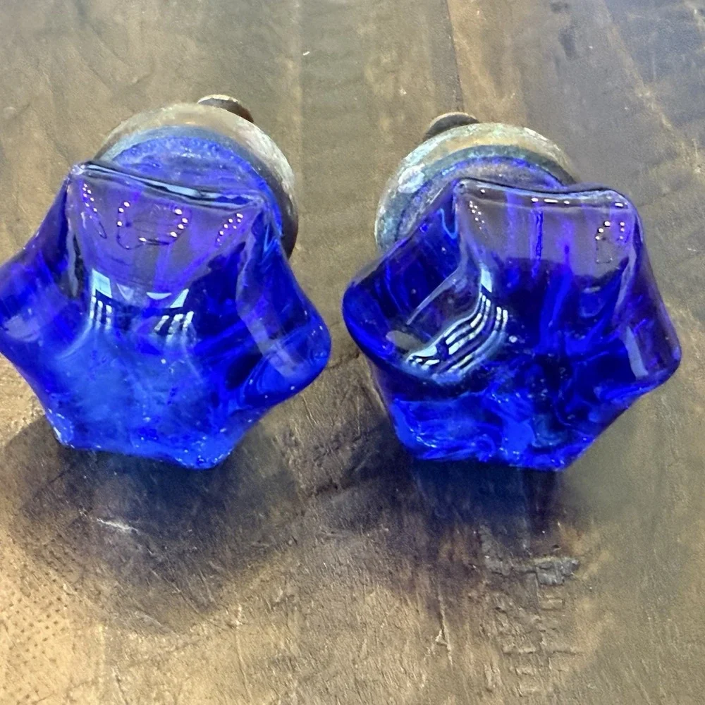 Vtg Victorian Crown Cobalt Blue Cut Glass Drawer Knobs Pulls Brass Lot of 2
